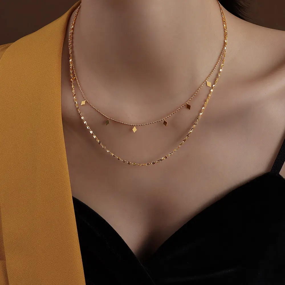 Charm Rhombus Pendant Double Tile Chain Choker Stainless Steel Ladies Gold Plated Two Layered Necklace For Women