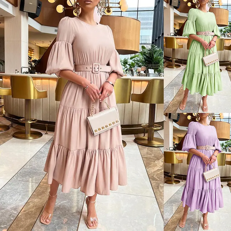 Ropa de lujo de Color liso para mujer, vestido Formal elegante de boda con mangas abullonadas de talla grande para verano