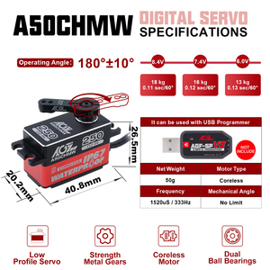 AGFRC A50CHMW 18 кг низкопрофильный металлический редуктор 8,4 В HV IP67 Водонепроницаемый программируемый цифровой RC дрейфующий автомобиль робот сервопривод - Product Image 6