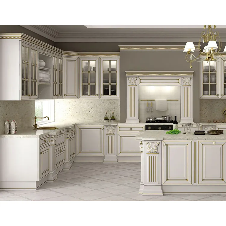 سعر المصنع الكلاسيكية kitchencabinet تصاميم الأبيض العتيقة الصلبة خزانة مطبخ خشبية للبيع