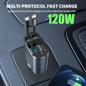 带可伸缩电缆和电压显示器的4合1车载充电器适配器，12V/24v车辆，快速电话车载充电器，2个Usb端口 - Product Image 6