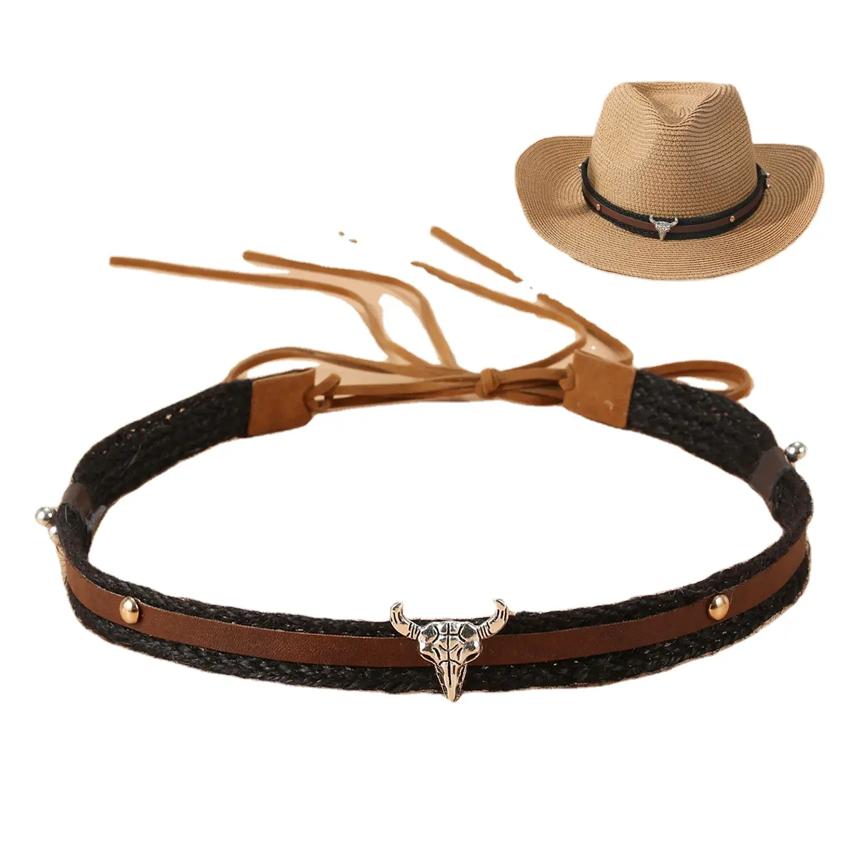 Decorazione all'ingrosso del cappello da Cowboy, accessori di moda accessori per cappelli con cintura a nastro di marca fascia per cappello Vintage piegata