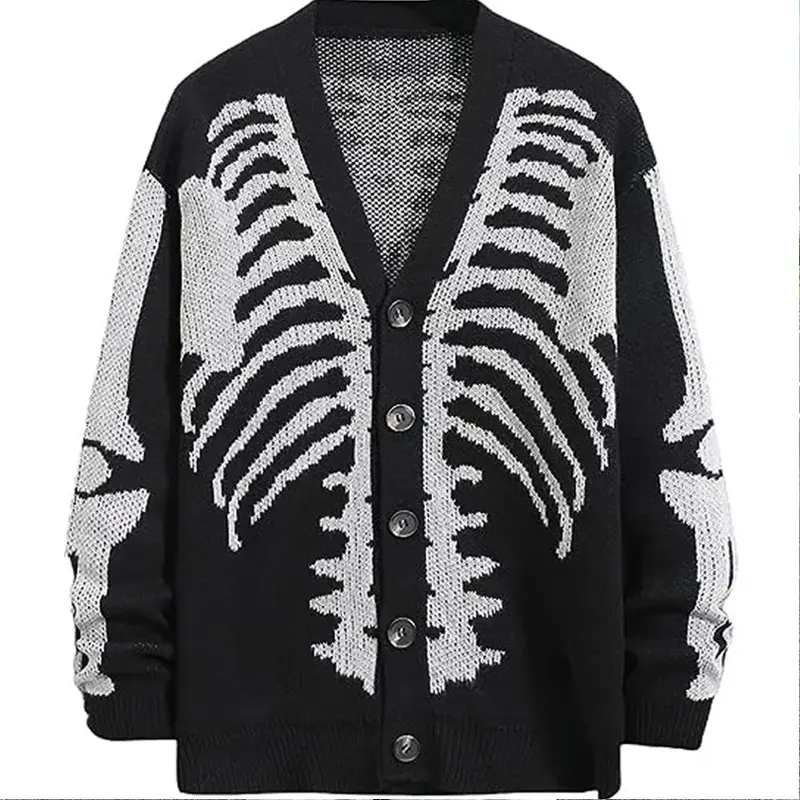Ladiguard Men Retro Knitted Sweaters Vintage Jumpers 2024 Halloween Skull Print Top Cardigans Mens Gothic Fashion V-neck Sweater