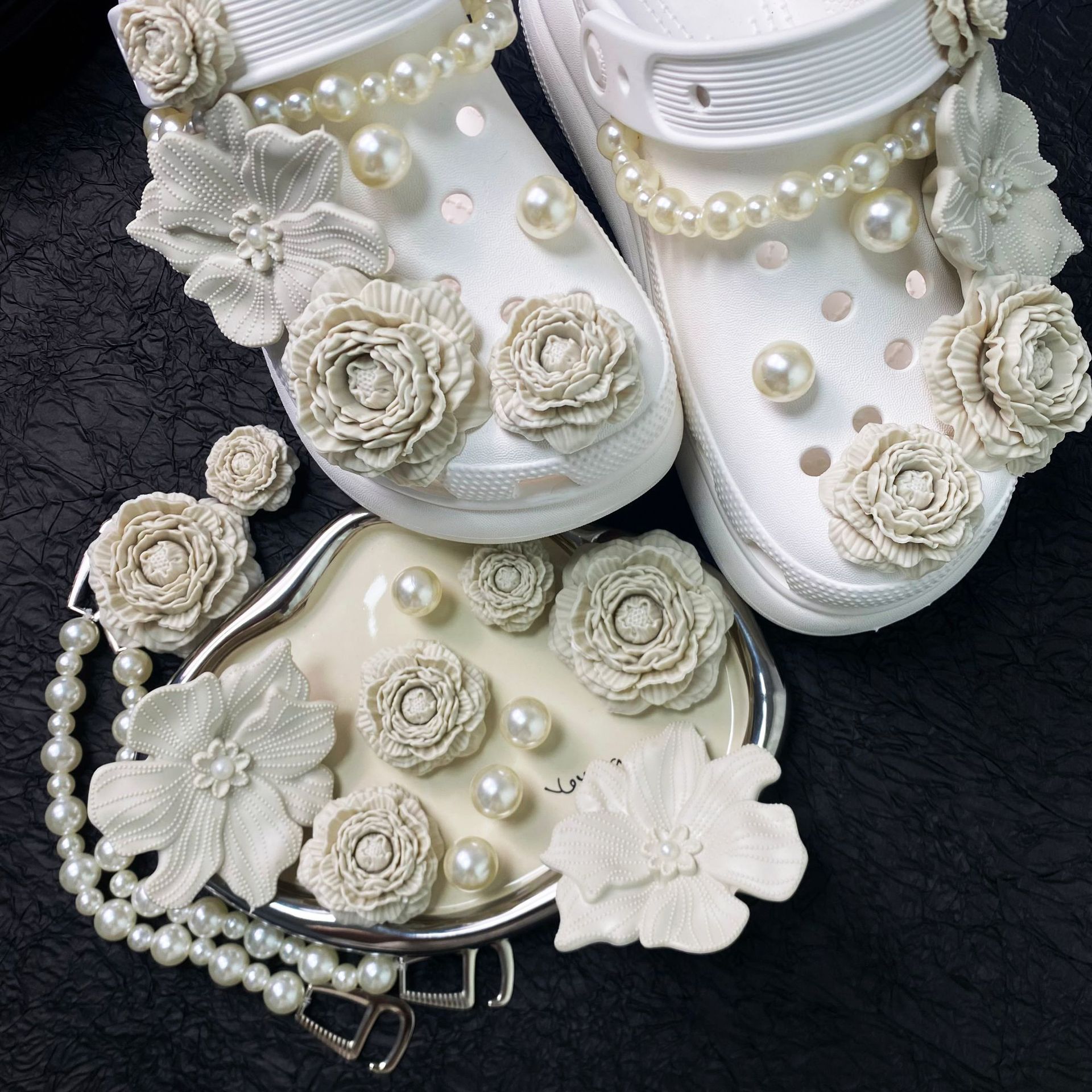 Bouquet-bone blanc + Perle + Chaîne 14pcs sans chaussures