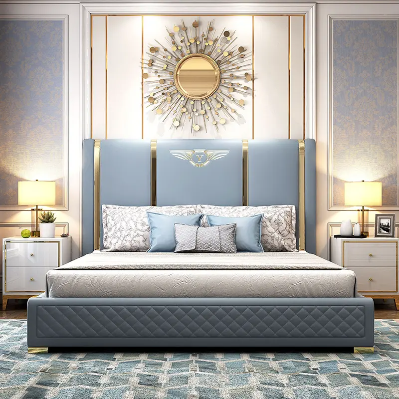 Mobilier de chambre à coucher de luxe moderne ensemble de chambre à coucher lit en cuir véritable en bois massif king size