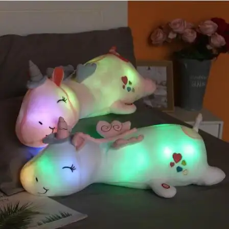 60CM sevimli parlayan LED ışık Unicorn peluş oyuncaklar güzel aydınlık hayvan Unicorn yastık dolması bebek çocuk çocuk hediyeler