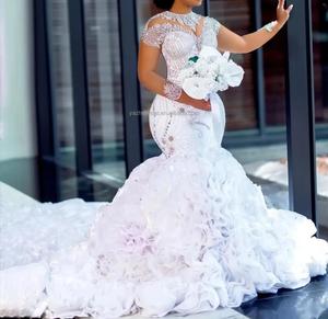 <span class=keywords><strong>2025</strong></span> 새로운 럭셔리 플러스 사이즈 아프리카 결혼식 원피스 아랍어 아소 에비 크리스탈 페르시 환상 긴 소매 주름 장식 인어 신부 원피스 - Product Image 1