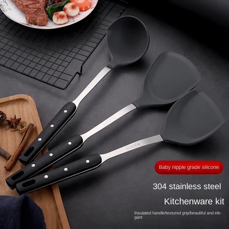 Cuchara de pala de silicona de acero inoxidable 304, juego de vajilla antiadherente para sopa y espátula, utensilios de cocina, Pala y cuchara