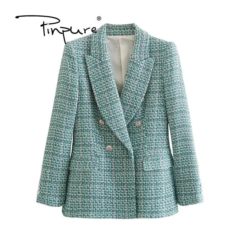 Kunden spezifische Damenmode Tweed Zweireiher Blazer Mantel Vintage Langarm Klappe Taschen Weibliche Oberbekleidung Chic Veste Femme