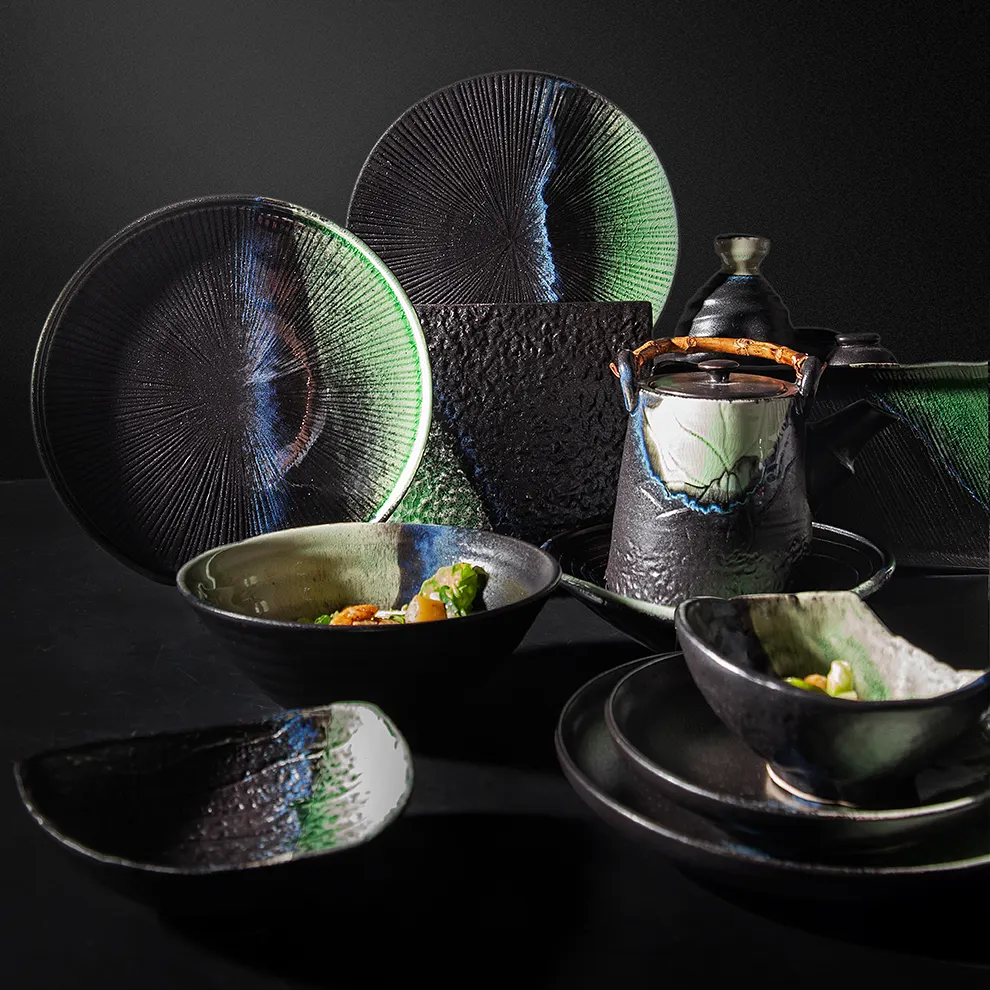 Horeca Keramiek Koreaanse Servies Zwart-Groen Coupe Platte Porseleinen Borden Japanse Soep Kommen Sushi Gerechten Unieke Servies Sets