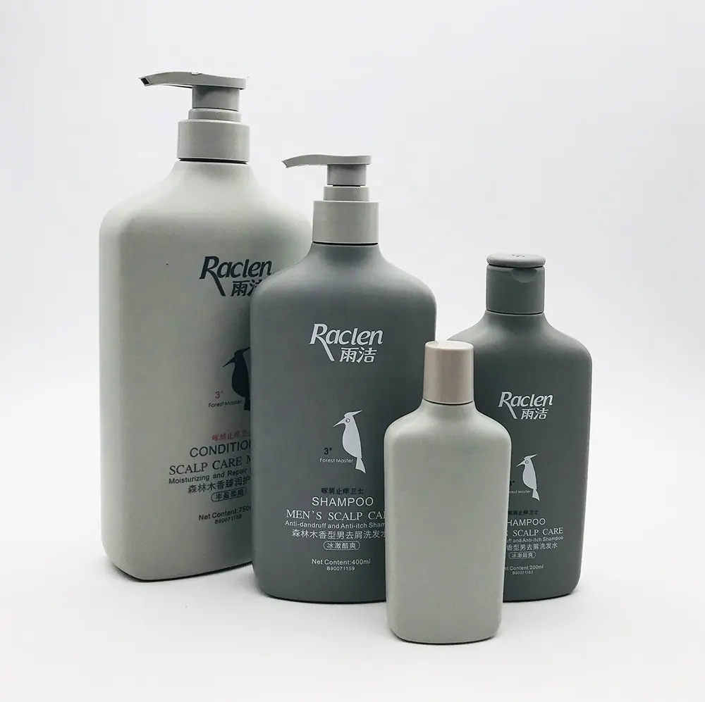 Shampoo vazio eco friendly de 60ml, 200ml, 400ml, 750ml, plástico hdpe eco-amigável, garrafas de shampoo cinza, com bomba de loção
