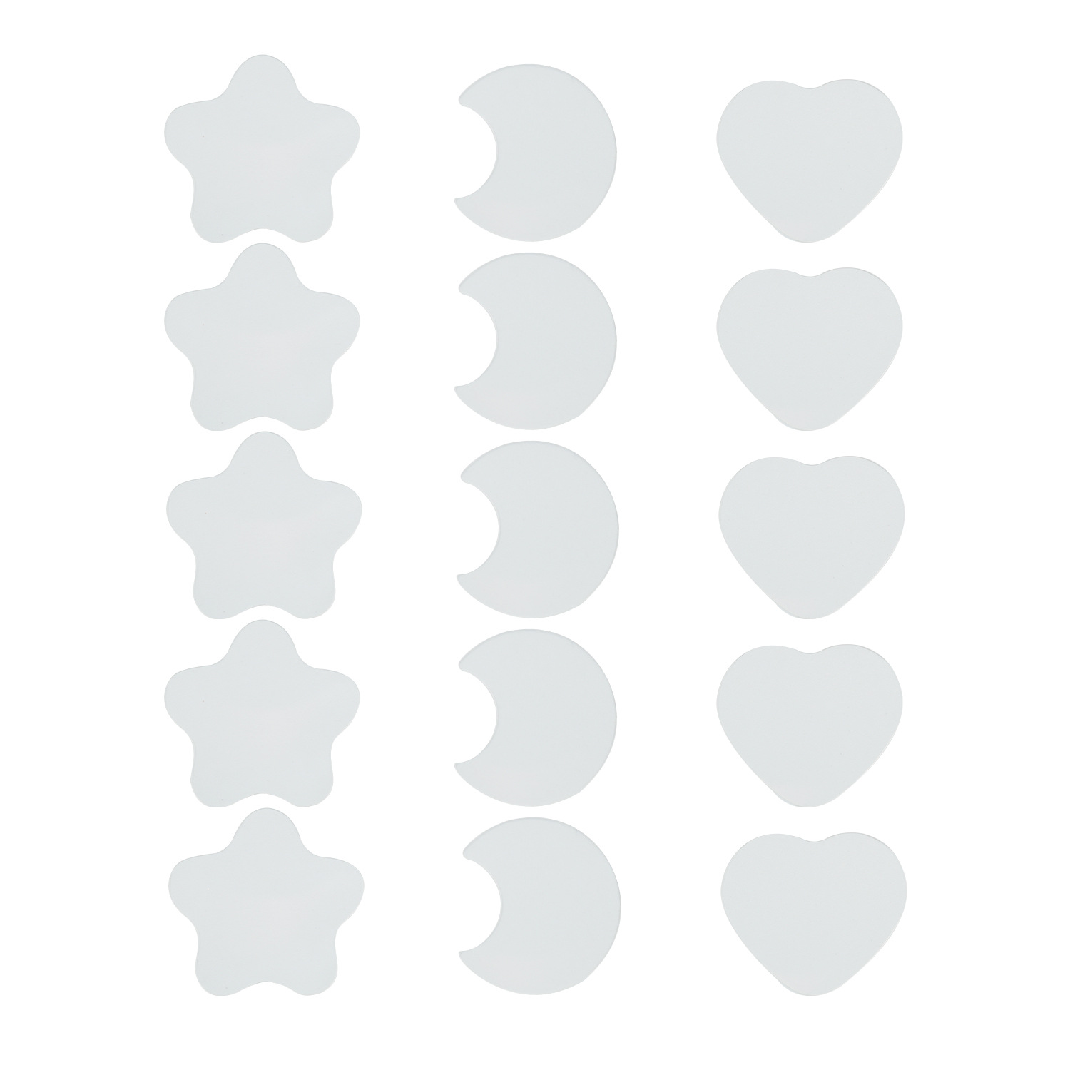 Estrella blanca de cinco puntas, corazón, luna, lámina delgada.
