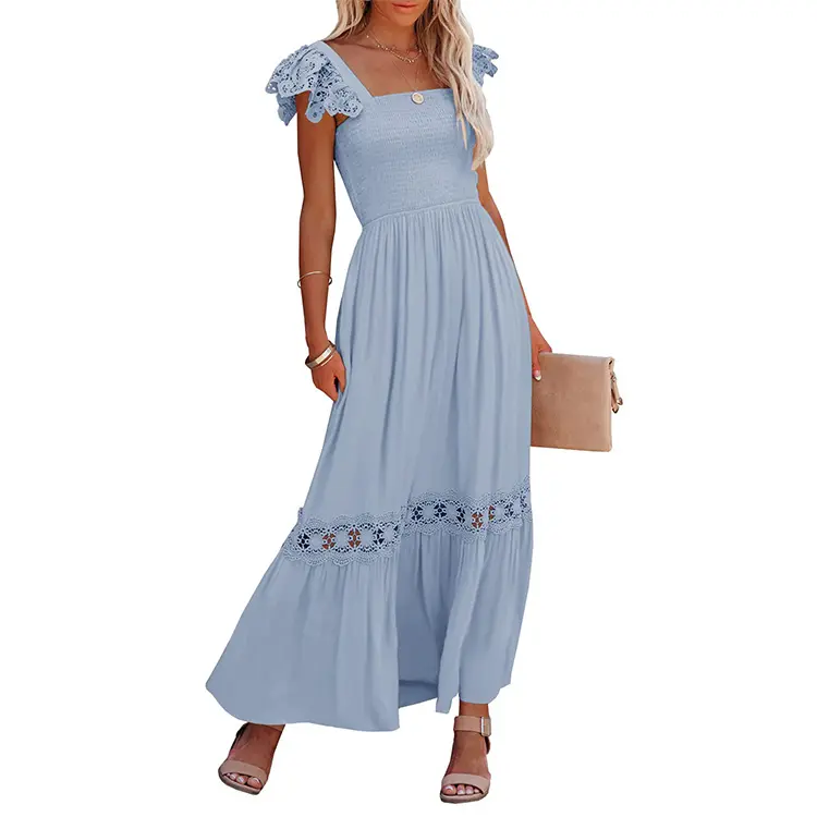 Maxi vestido longo boho com bolsos, feminino babado alça renda manga curta gola quadrada linha a flowy praia verão