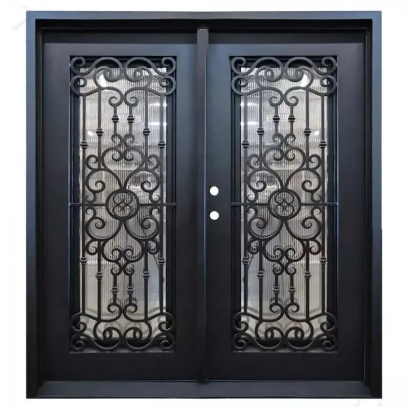 Puerta de hierro con diseño de entrada frontal, puerta exterior de hierro fundido, puerta de seguridad moderna de hierro forjado