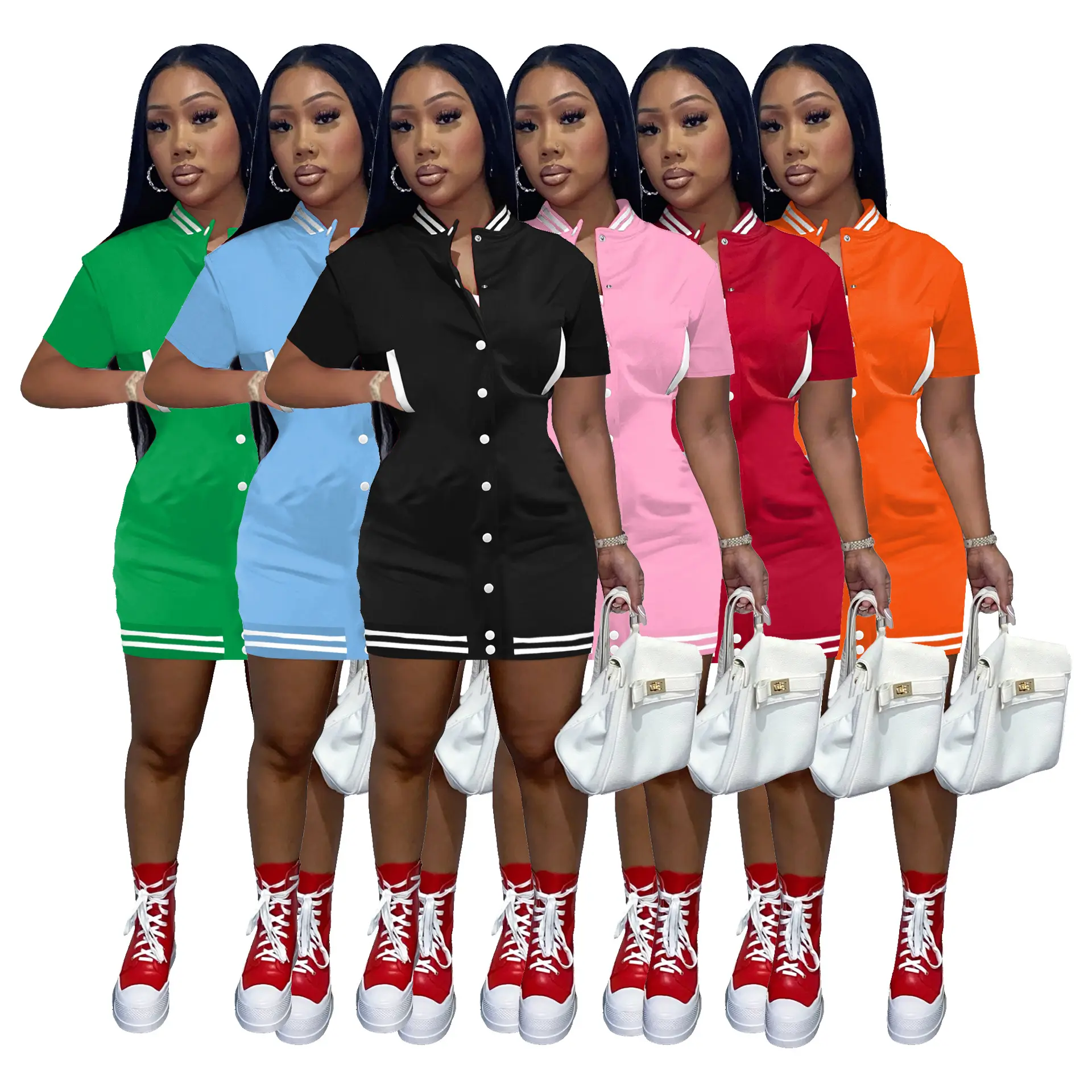 Billige lässige Frauen Damen Kurzarm Kleid Sommer Uni Jacke Baseball Kleid plus Größe Frauen benutzer definierte Logo Kleidung