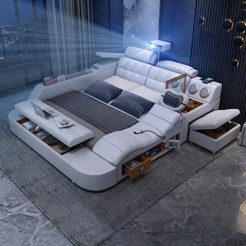 Mobilier le plus populaire lit king size avec rangement cuir multifonctionnel Tatami lit intelligent fonction Massage