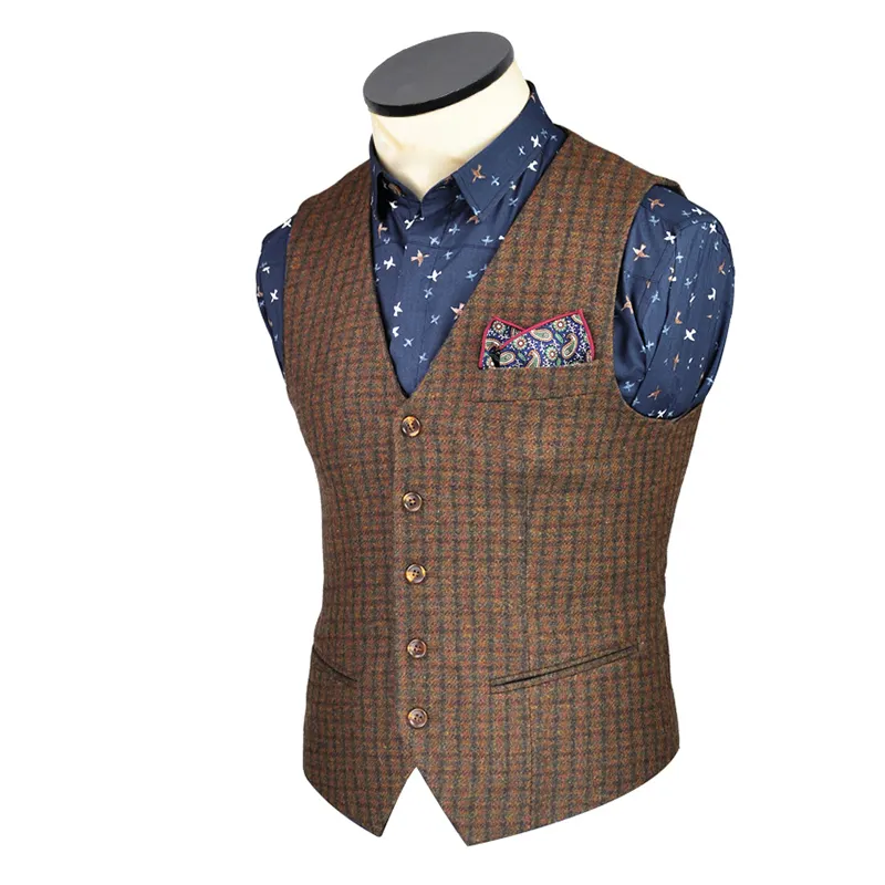 Nueva fábrica, venta al por mayor, Traje a cuadros de tweed de lana marrón para hombre, chaleco retro informal de un solo pecho, Chaleco Ajustado para hombre