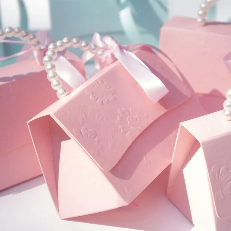 핑크 재활용 디자인 미니 진주 리본 웨딩 호의 베이비 샤워 장식 캔디 선물 가방 상자 포장 용품 손님