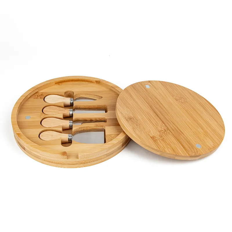 Cuchillo de acero inoxidable personalizado para mantequilla, herramientas para queso, tabla redonda de bambú para cortar queso, con juego de cuchillos, nuevo diseño, venta al por mayor