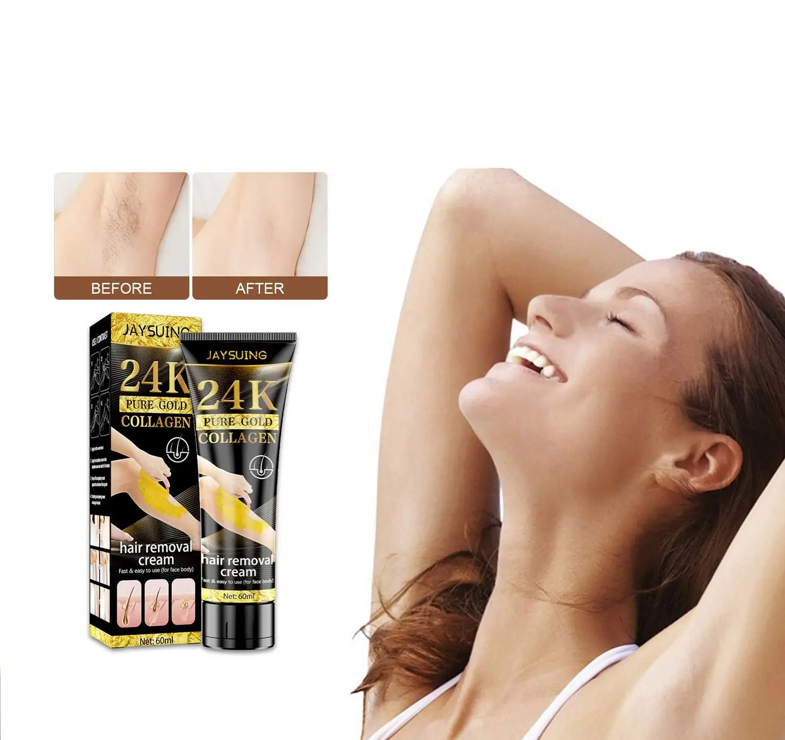 Jaysuing 24K oro femenino colágeno suave mujer axila pierna parte privada mano depilación permanente axila crema mujeres