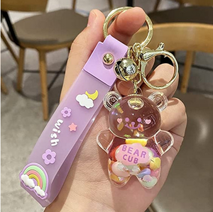 לקשט Wristlet צמיד חול טובעני מפתח טבעת עבור בנות ונשים דוב Keychain נוזל צף חול טובעני חמוד מחזיקי מפתחות