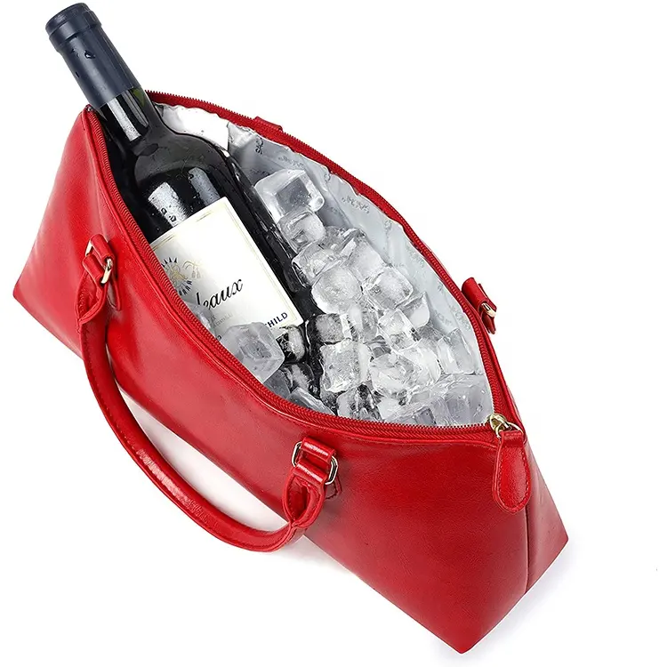 Red PU Wine Holder One Bottle Insulated Bag Wine Purse Faux Leather Cooler Bag Clutch Large Wine Carrier