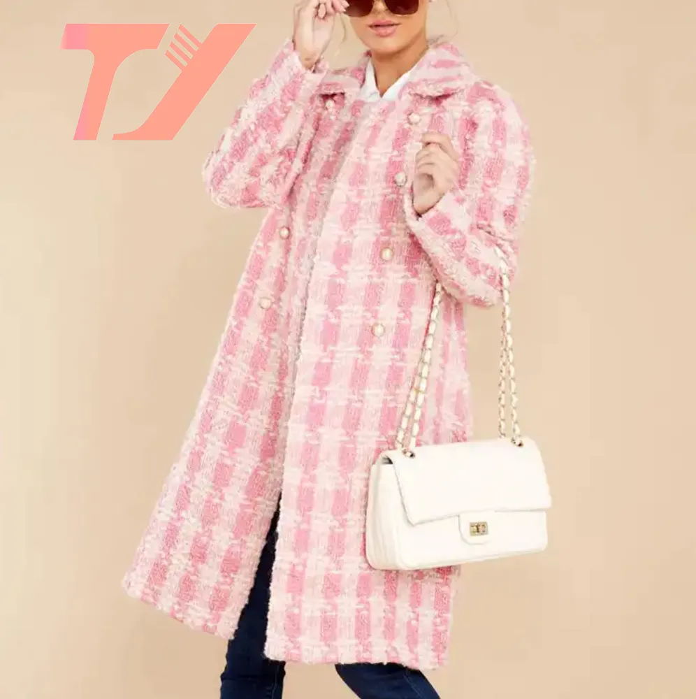 TUOYI alta calidad mujer moda estilo largo estilo personalizado chaqueta viento abrigo popular Venta caliente Rosa tartán abrigo