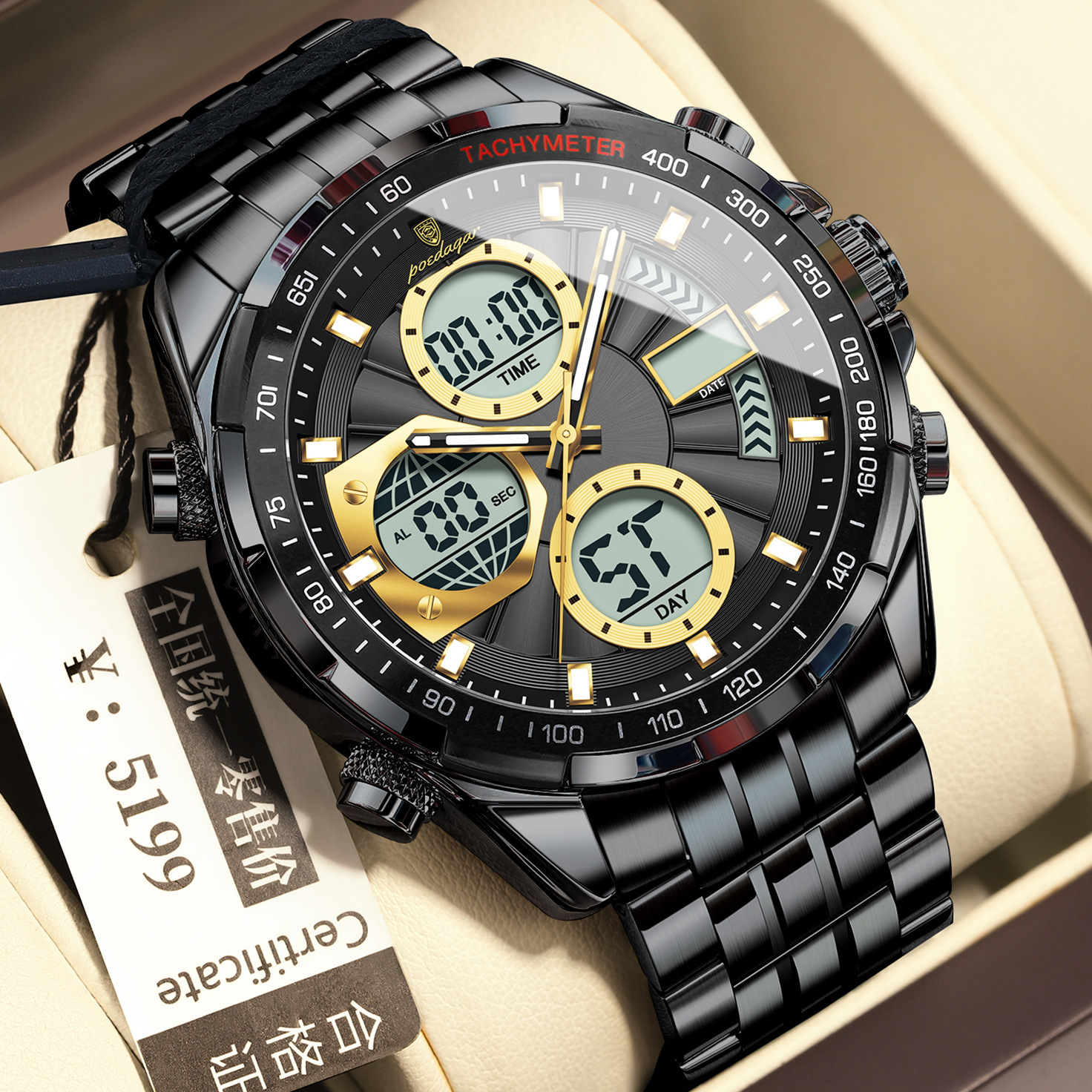 E108 black case-black dial-steel strap model