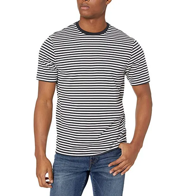कस्टम वयस्कों के लिए 95% कपास 5% स्पैन्डेक्स सफेद काले धारीदार टी शर्ट