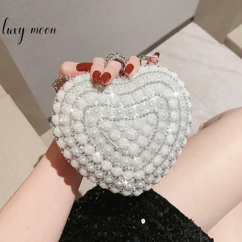 Popular Pearl Rhinestone Handbag Rose Pearl Evening Bags Ladies Heart Shiny Crystal Clutch Bag NE1123