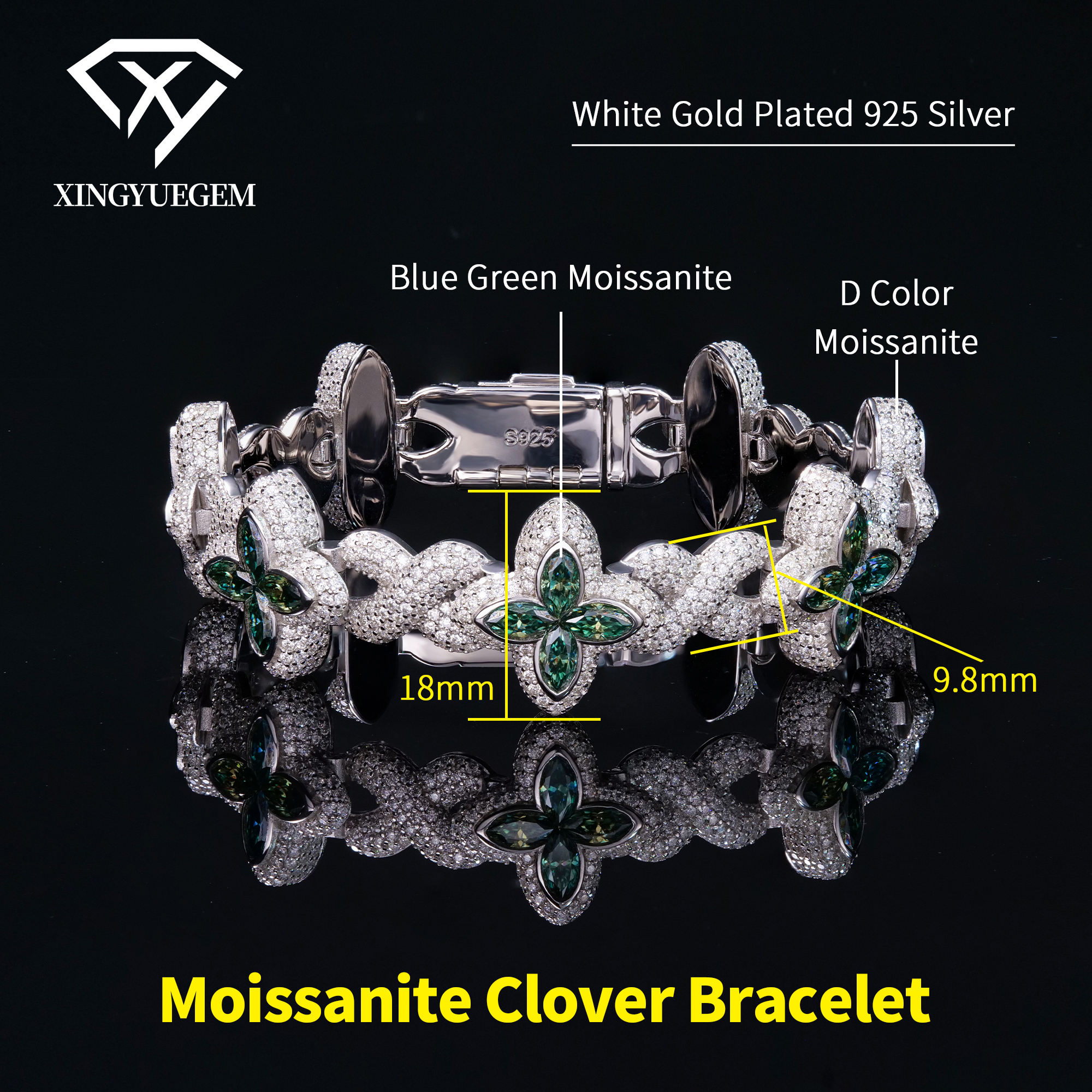 Blue Green Emerald Moissanite Clover Bracelet