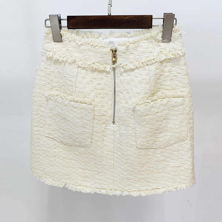 Fall 2023 Women Clothes Beige Thick Tweed Tassel Short Tank Top Half Skirt Set Women Two-Piece Sleeveless Tank Top Femmes