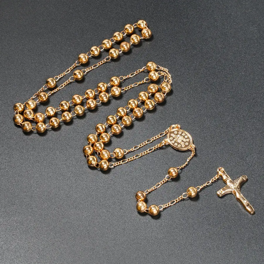 Collier avec pendentif en forme de croix, 6MM, accessoire pour baptême de église, sainte marie, perles en fer et en argent, Punk, or, chapelet, vente en gros