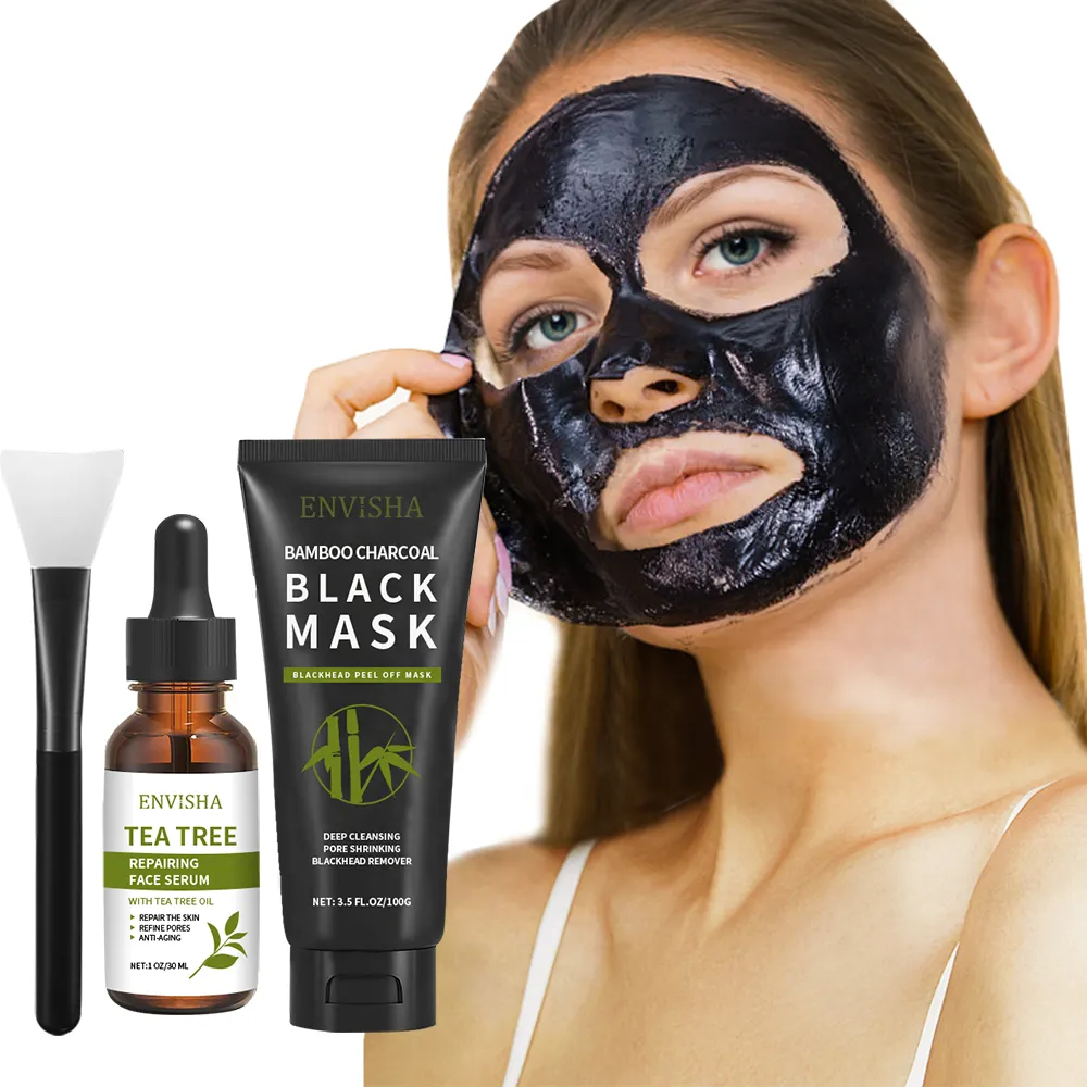 Etiqueta privada Mujeres Blackhead Peel Off Face Mask 3 en 1 Blackhead Remover Mask Tea Tree Oil Serum con cepillo para limpieza profunda