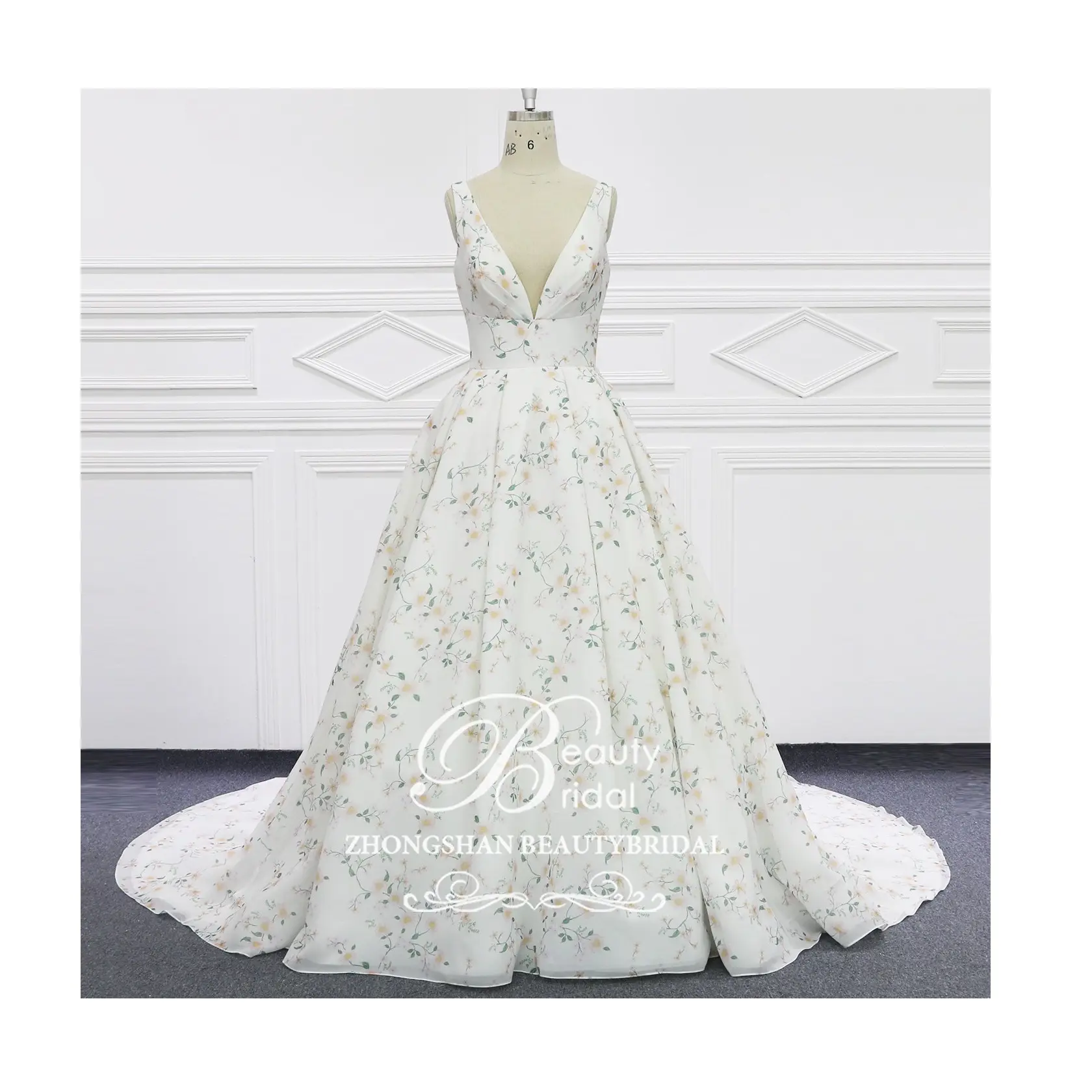 Chất lượng cao in voan Wedding Dress V cổ bóng Gown đối với phụ nữ đơn giản prom DRESS với dây đai