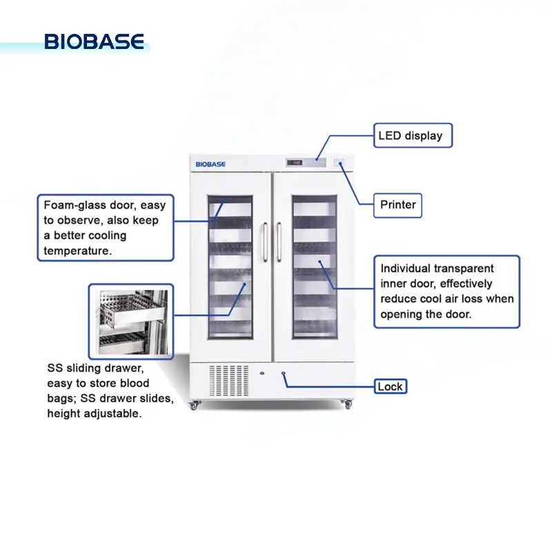 BIOBASE kan bankası buzdolabı BBR-4V966 elektrikli ısıtmalı cam yarı köpüklü kapı ayarlanabilir raflar tıbbi ve laboratuvar için