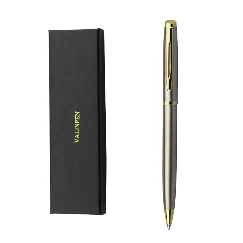Bolígrafo de acero inoxidable de lujo con cuerpo de metal, pluma de giro con logo grabado, embellecedor dorado, con caja de regalo, regalo de papelería
