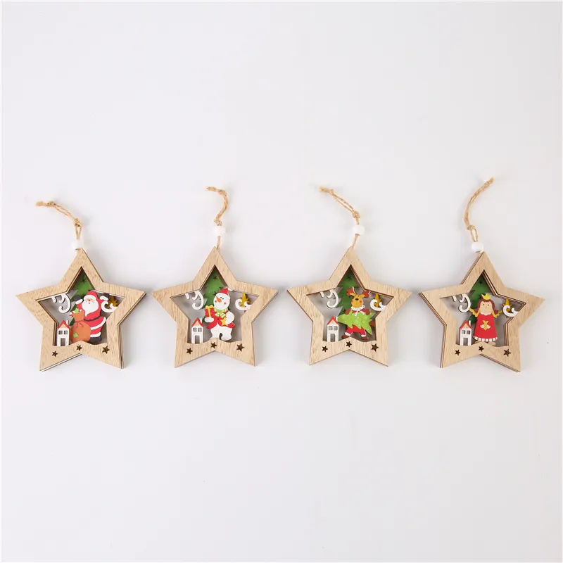 Wooden Crafts Christmas Tree Decorations Five-Pointed Star Shape Ornament With Character