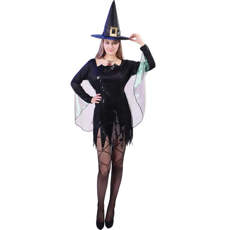 Traje de bruxa animada para halloween e festas, vestido de dramatização da bruxa preta fantasia para mulheres