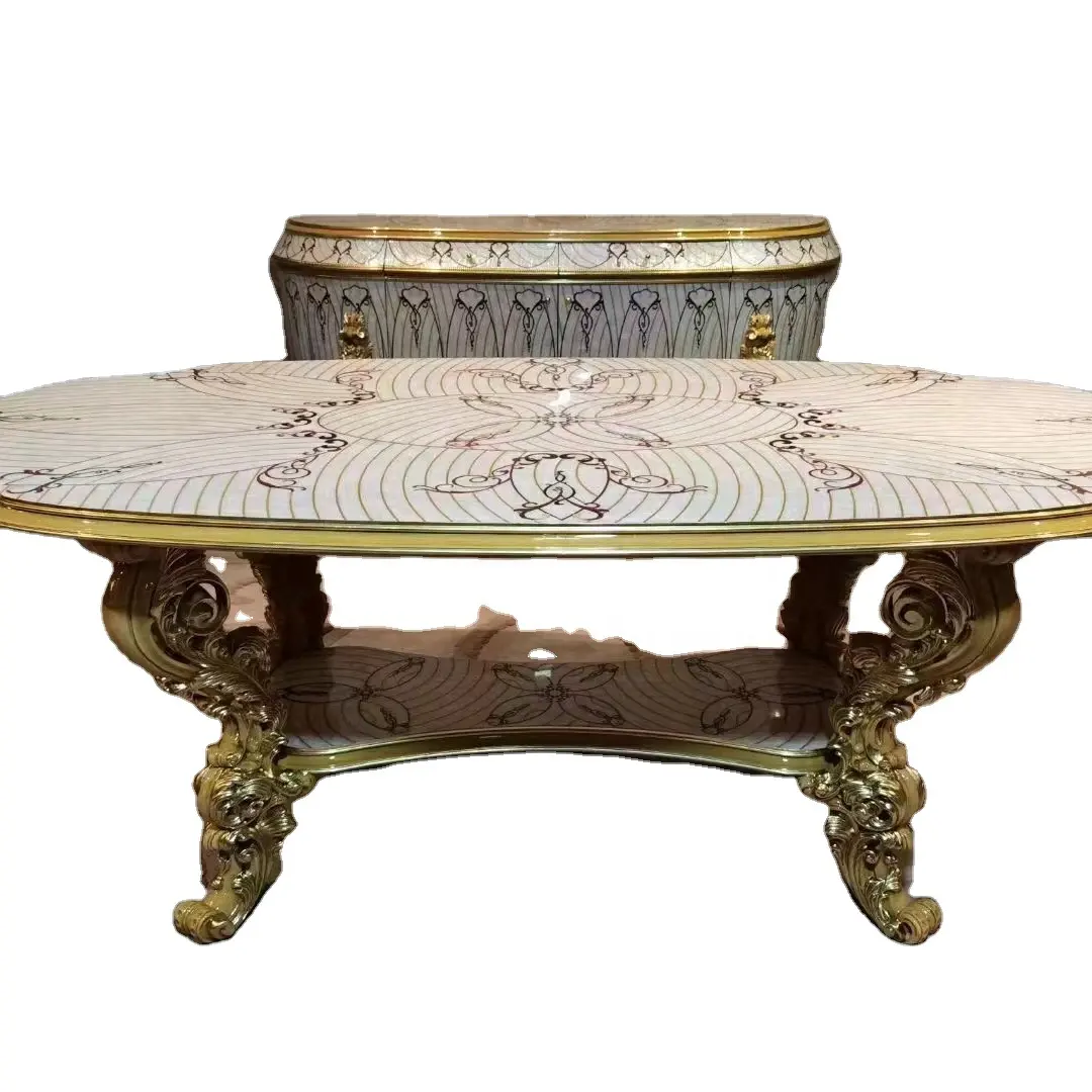 European Classical Italian Dining Table Set 8 Seat Royal Design Floral Painted Gild Solid Wood Inlay Antique Oval Shape