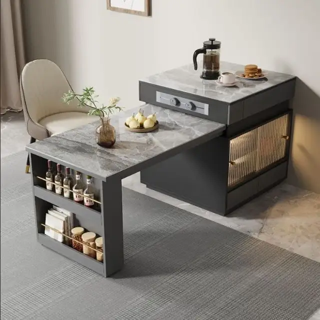 Mesa de jantar pequena e luxuosa em ilha de ardósia retrátil integrada multifuncional para uso doméstico, bar de cozinha moderno