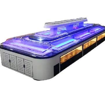 Mesa de buffet comercial con luz LED azul, conjunto de servicio de buffet, mesa de servicio de mariscos de acero inoxidable