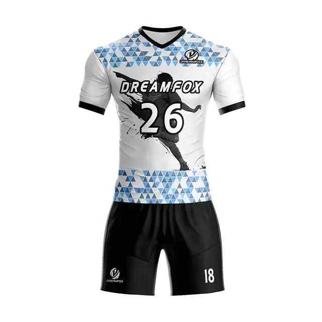 Preto branco e azul futebol formação Jersey tailandês qualidade Sublimated futebol uniformes conjuntos para Team Club