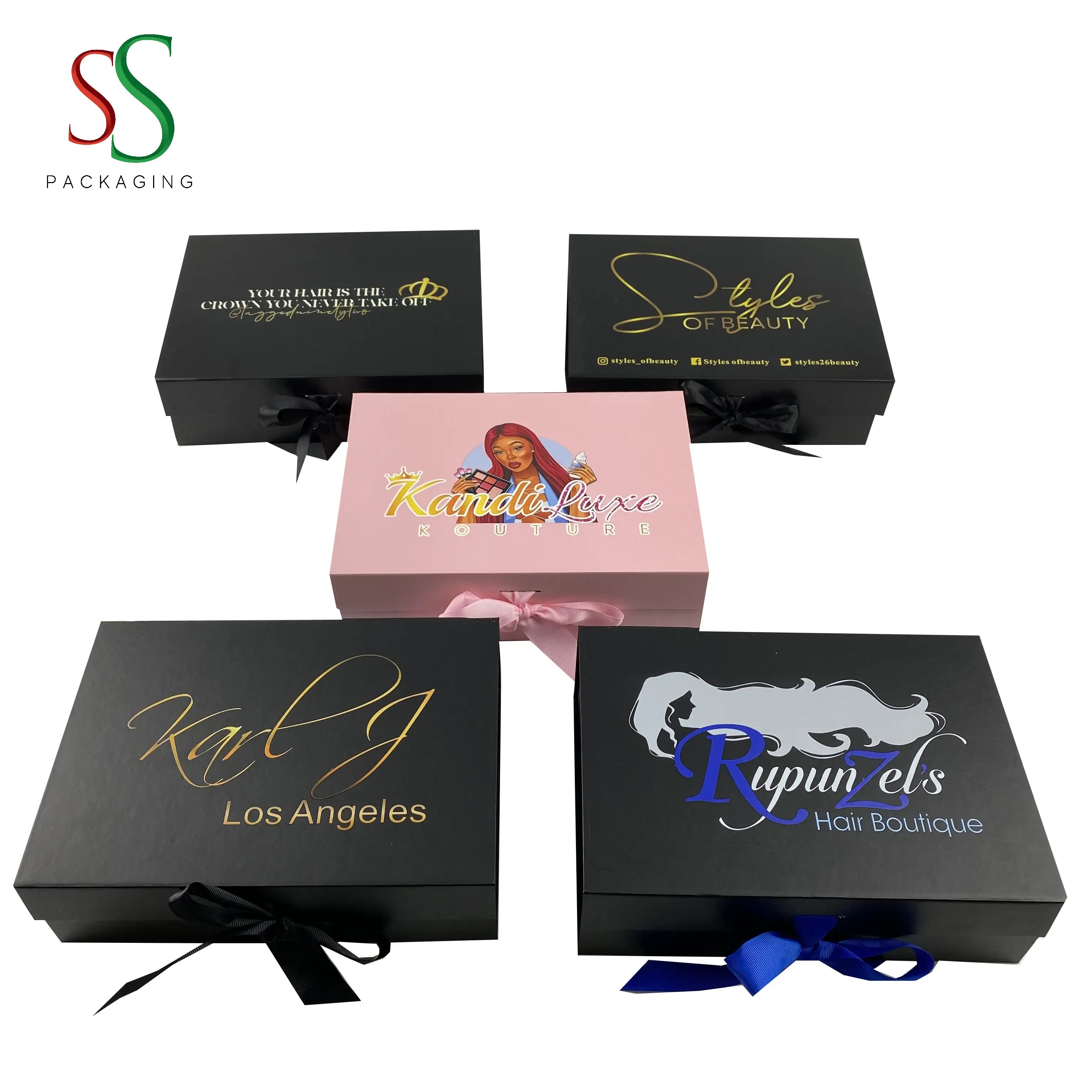 Boîte cadeau pliable magnétique personnalisée SS avec ruban pour Extensions de cheveux