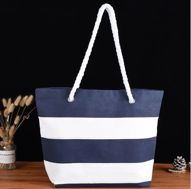 Manufacturer stock cotton canvas shopping bag rope print stripes tote bag custom logo beach bags factory