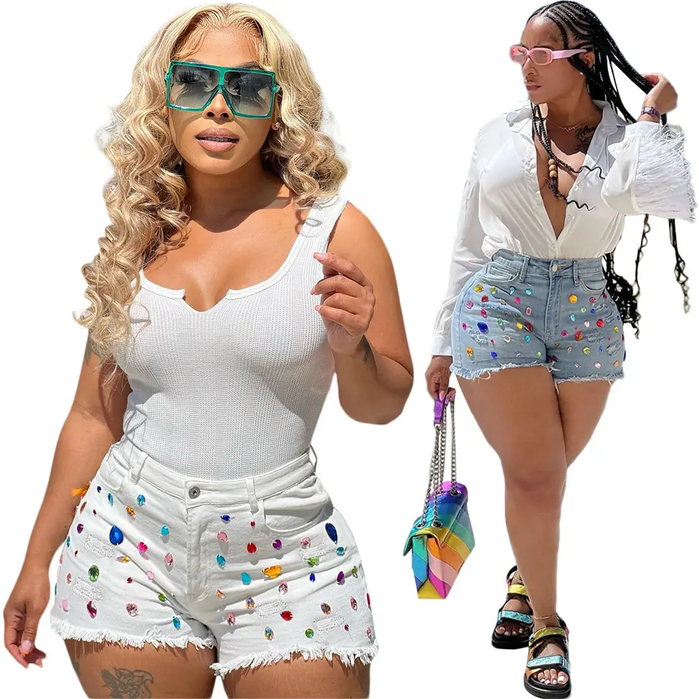 2023 ropa Sexy de verano nueva moda de talla grande colorido cristal Denim Booty Shorts mujeres diamante borla rasgado Jeans Shorts