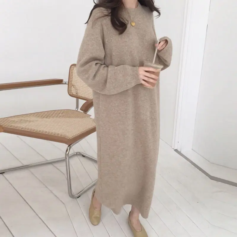 Hot sale korean fashion lady winter thick warm cashmere casual dresses women knit pullover maxi angora long sweater dress