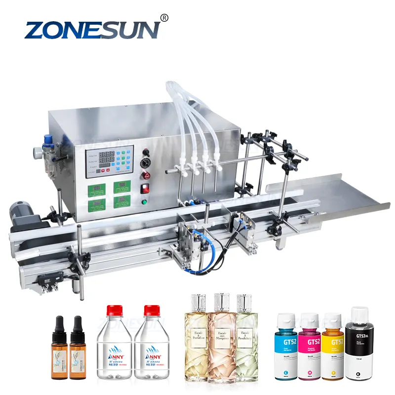 ZONESUN Automatico Del Desktop CNC Pompa Peristaltica Liquido Olio di Riempimento Macchina Con Nastro Trasportatore Per La Macchina di Rifornimento del Profumo di Acqua di Riempimento