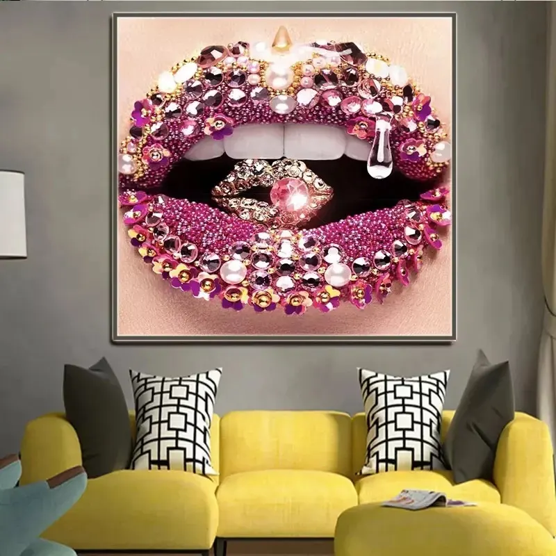 Arte nórdico diamante oro rojo Sexy labios estética lienzo póster e impresión arte de pared moderno hotel sala de estar decoración del hogar pintura