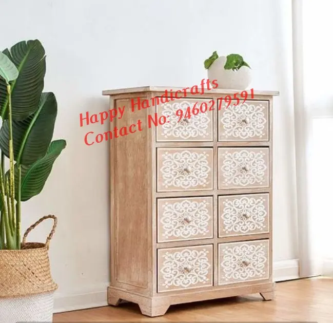 Armoire de rangement en bois manga indien, rustique, en bois massif, 8 tiroirs, Buffet sculpté, vente en gros